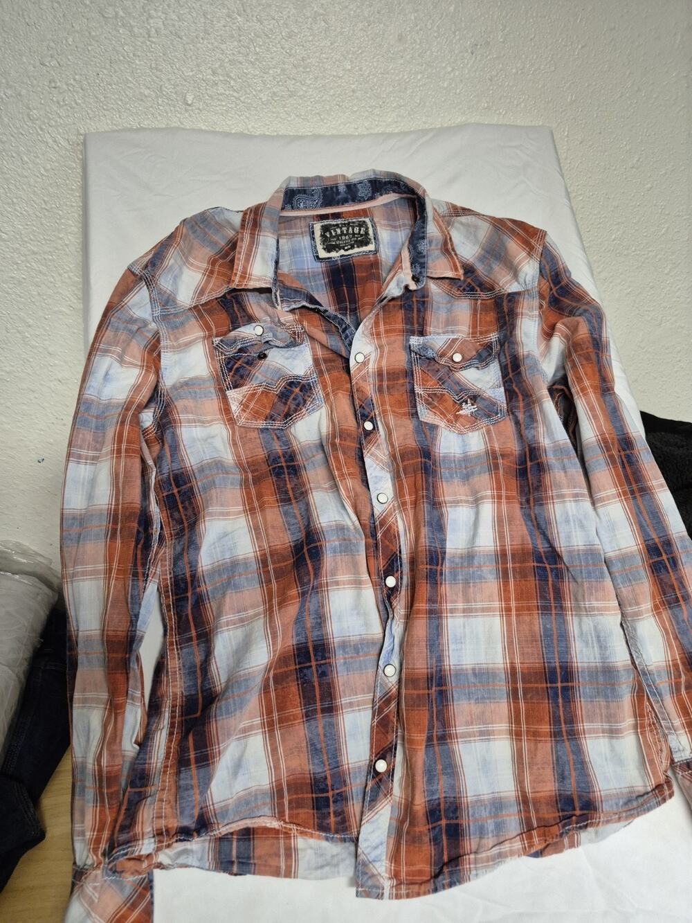 BKE Vintage 1967 Athletic Fit Plaid Orange Blue Pearl Snap Shirt XL